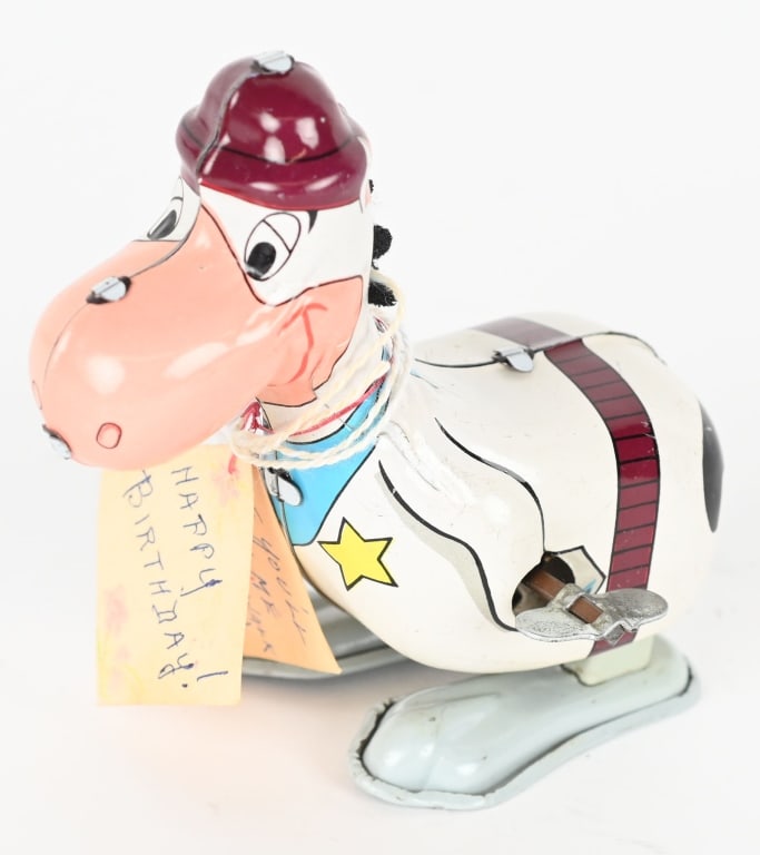 LINEMAR TIN WINDUP QUICKDRAW MCGRAW HOPPER: All original and works. Has tag from when given as gift. 3 1/2" Excellent