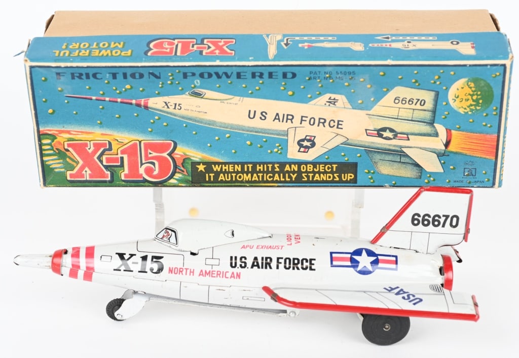 JAPAN TIN FRICTION USAF X-15 ROCKET w/ BOX: All original and looks never played with. friction works. Boxed9 1/2" Excellent