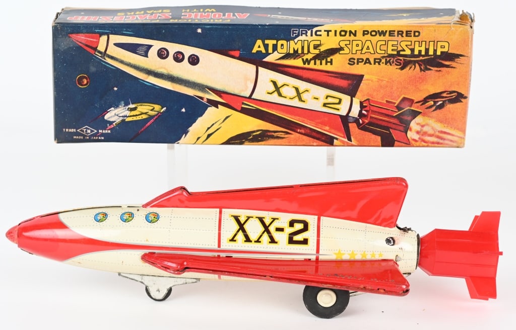 JAPAN TIN FRICTION XX-2 ATOMIC SPACESHIP w/ BOX: All original in great condition. Friction works. Boxed 11" Excellent