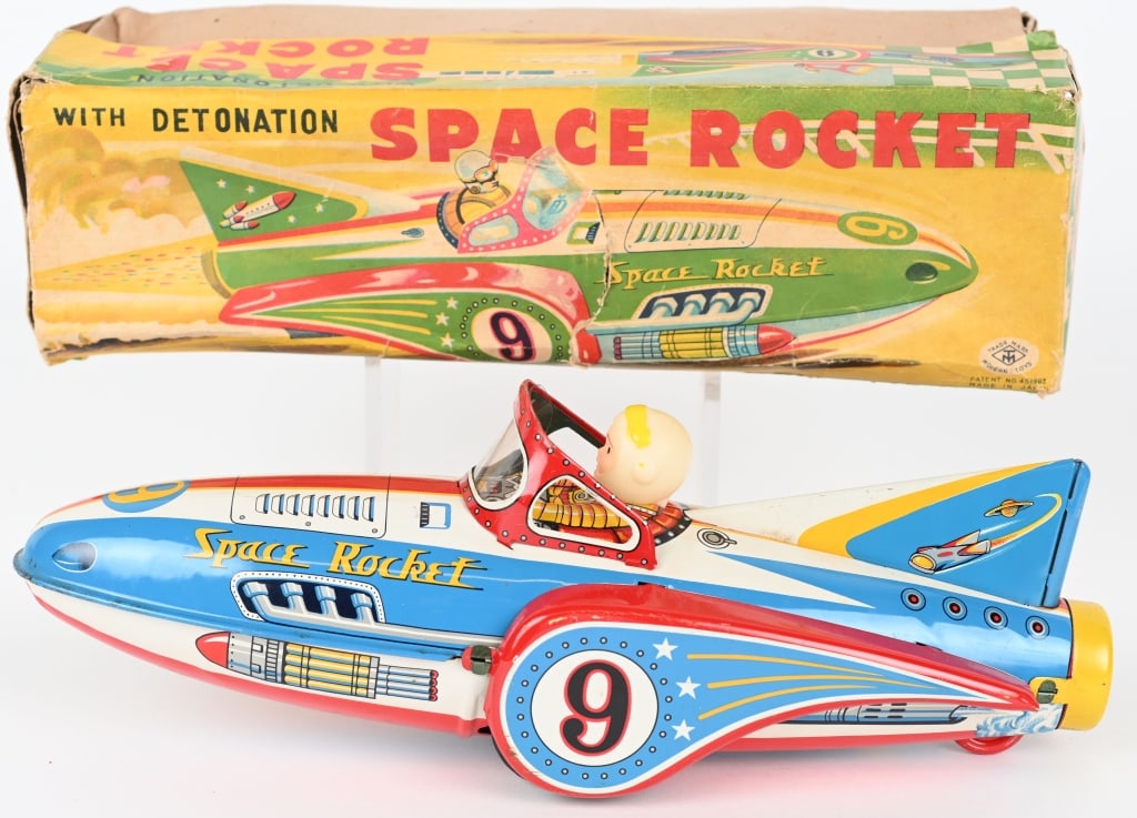 JAPAN TIN FRICTION SPACE ROCKET w/ BOX: All original and looks never played with condition. Works with detonation noise. Boxed 12 1/2" Excellent