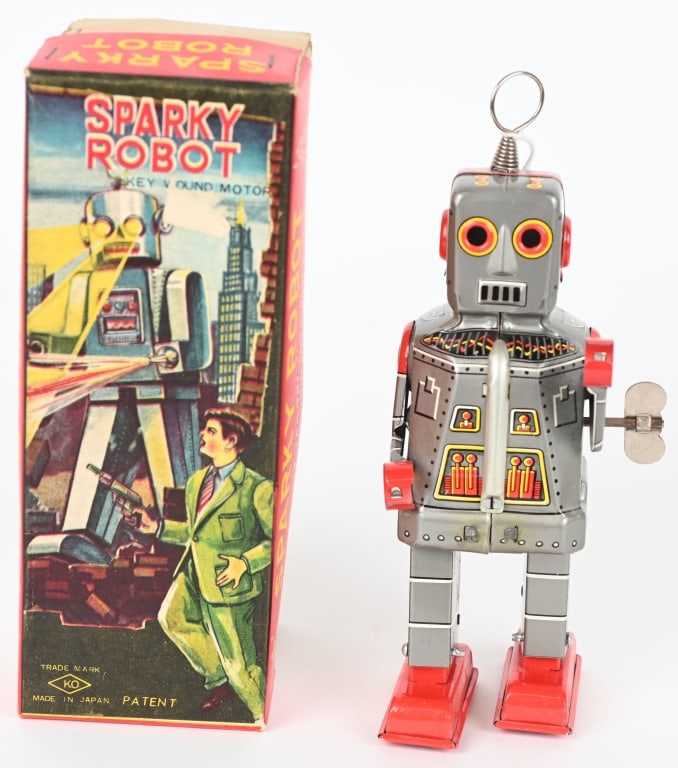 JAPAN WINDUP "LITHO" SPARKY ROBOT w/ DETECTIVE BOX: Yoshia tin windup Sparky Robot in scarce Litho version. All original with nice colors and details. Windup works and still sparks. In great condition. Comes with RARE "Detective" Box. 8" Excellent
