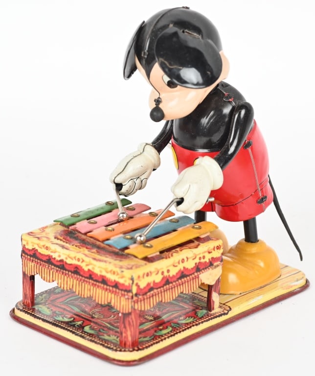 LINEMAR TIN WINDUP MICKEY MOUSE XYLOPHONE: Great looking Disney toy. All original with great colors. Windup works. 6" Excellent