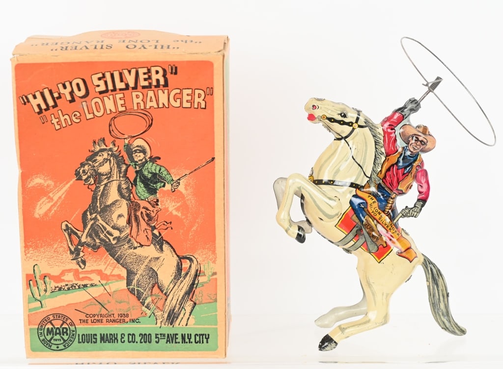 MARX TIN WINDUP LONE RANGER ON SILVER w/ BOX: All original and complete. Windup works. Boxed 8" Excellent