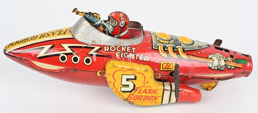 MARX TIN WINDUP FLASH GORDON ROCKET FIGHTER: All original missing tailfin. Windup works. 12" Very Good