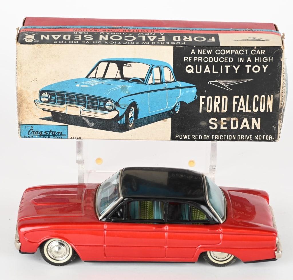 JAPAN TIN FRICTION FORD FALCON w/ BOX: Complete and original. Friction motor works. Nice details. 8" Excellent