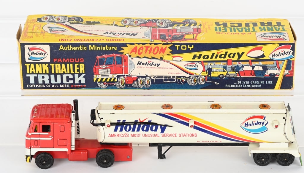 JAPAN TIN HOLIDAY TANKER TRUCK w/ BOX: Holiday Tanker truck in original box. New Old Stock. 12" Excellent-Near Mint