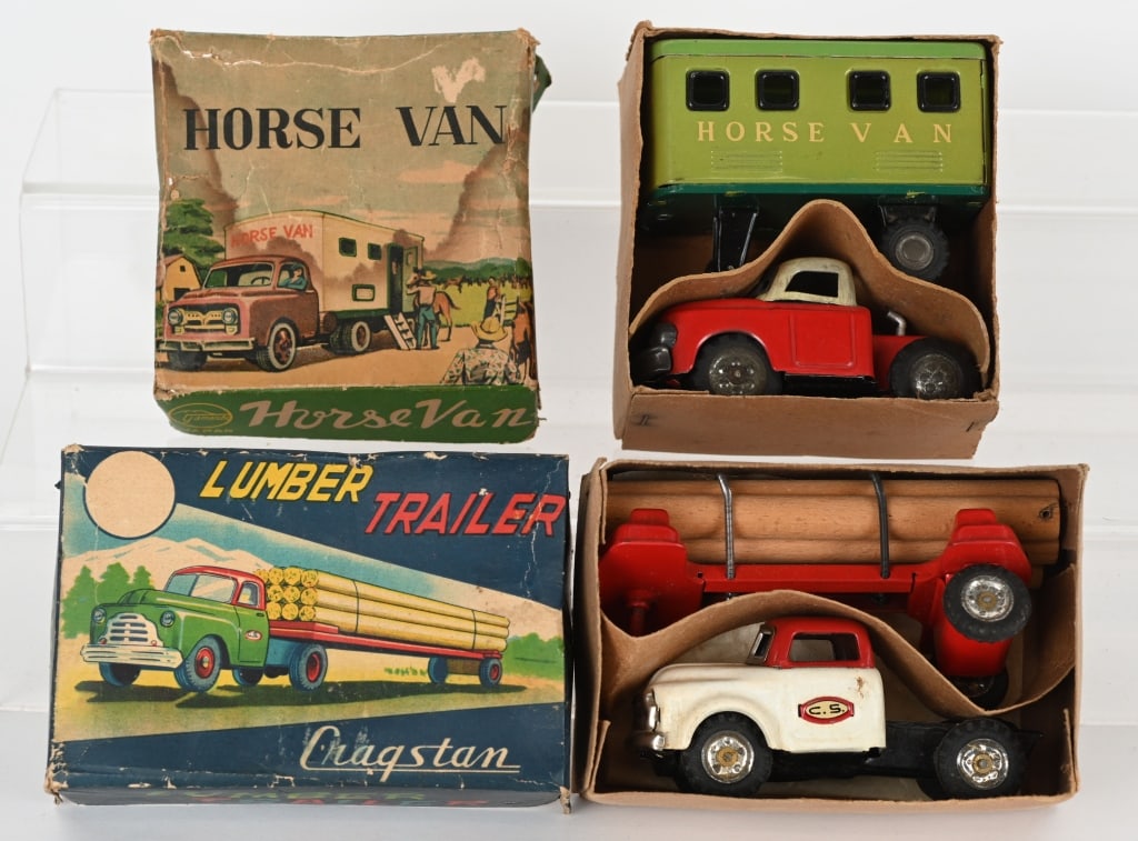 2- JAPAN TIN FRICTION TRUCKS w/ BOXES: Both are complete and original. The Horse Van truck box has wear. Both are working. Largest is 7", Excellent
