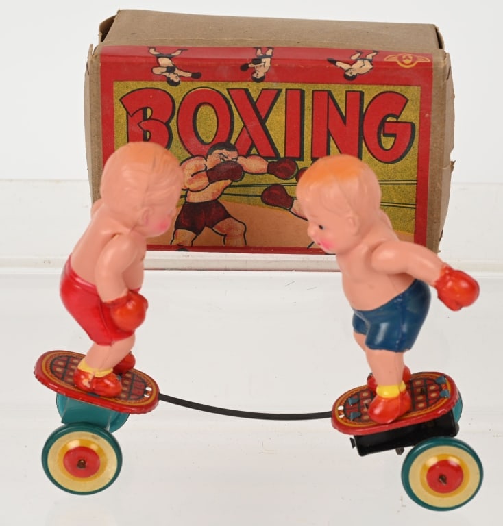 JAPAN CELLULOID WINDUP BOXING TOY w/ BOX: The toy is complete and original. The windup worked when tested. 6" Excellent