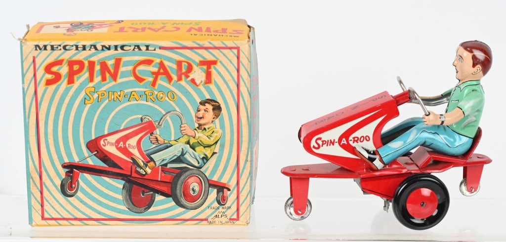 JAPAN TIN WINDUP SPIN CART w/ BOX: Very nice all tin toy with crazy car type action. Worked when tested. 6" Excellent-Near Mint
