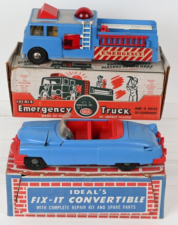 IDEAL EMERGENCY TRUCK & CONVERTIBLE w/ BOXES: Lot includes 1. 14" Friction Emergency truck. Friction motor works, light is untested. Has some corrosion underneath. 2. 12" Fix-It Cadillac convertible. Complete and original Excellent
