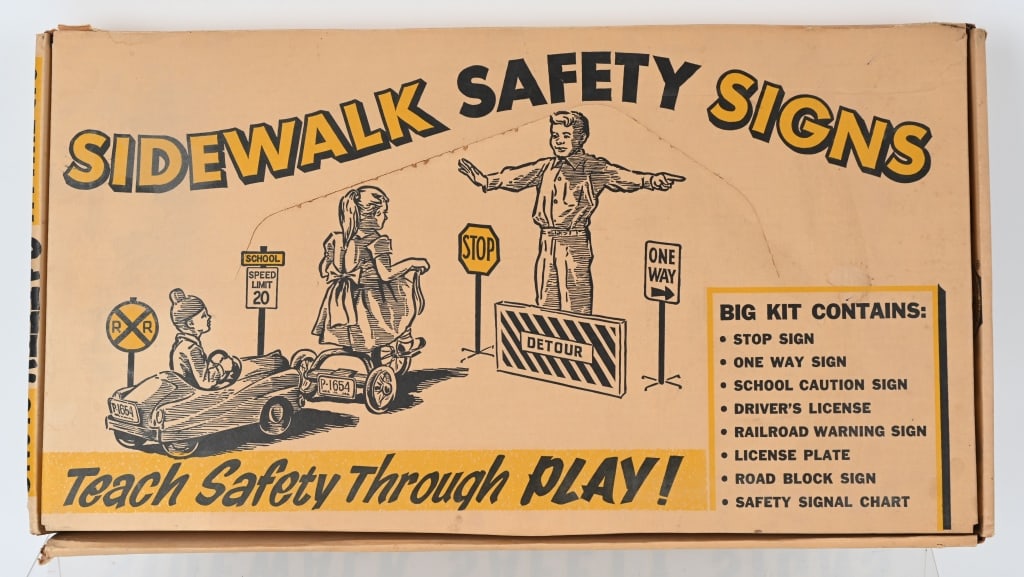 VINTAGE TOY SIDEWALK SAFETY SIGNS w/ BOX: Made by Clever Things in the late 1950's, the set unused. Great display for Pedal Car collector. Box is about 24" by 13". Excellent-Near Mint