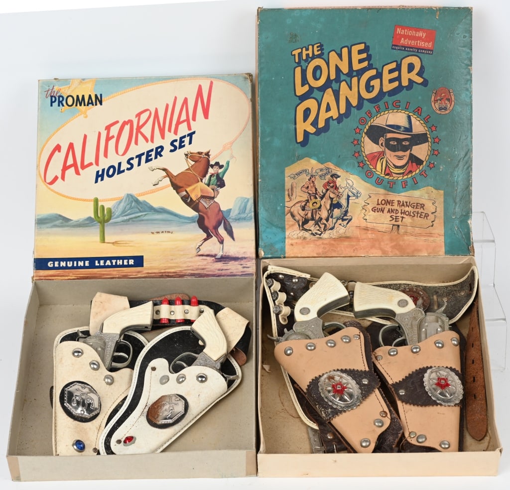 LONE RANGER & CALIFORNIAN CAP GUN SETS w/ BOXES: Lot includes 1. California set includes 2 unfired Hubley Rodeo cap pistols Set has not been used. 2. 1947 Lone Ranger set includes 2 used Pony Boy pistols. The set could use some cleaning. Largest set