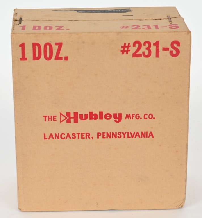 12- HUBLEY 231-S COWPOKE CAP GUNS SEALED BOX: Original case of 12 Hubley Cowpoke 50 shot cap pistols, sealed in the original factory box. The box measures about 10" by 9" by 5" Near Mint