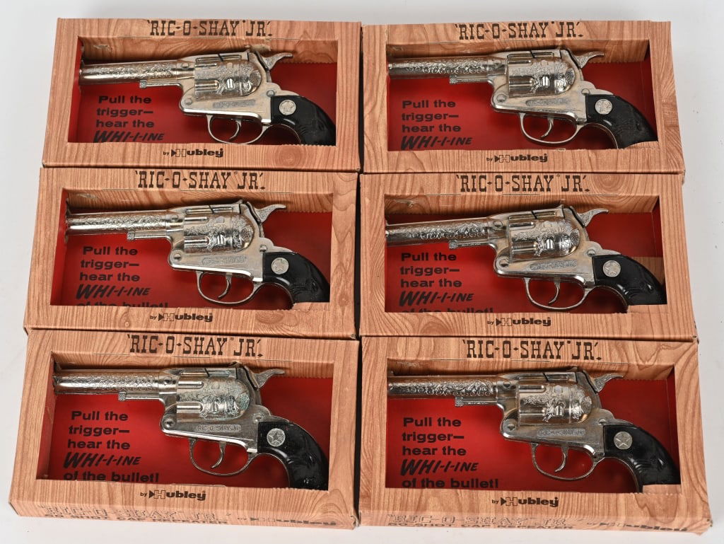 6- HUBLEY RIC-O-SHAY JR CAP GUNS, w/ BOXES: Lot of Old Store Stock Hubley Ric-O-Shay Jr cap guns unused in original boxes. 8" Excellent-Near Mint