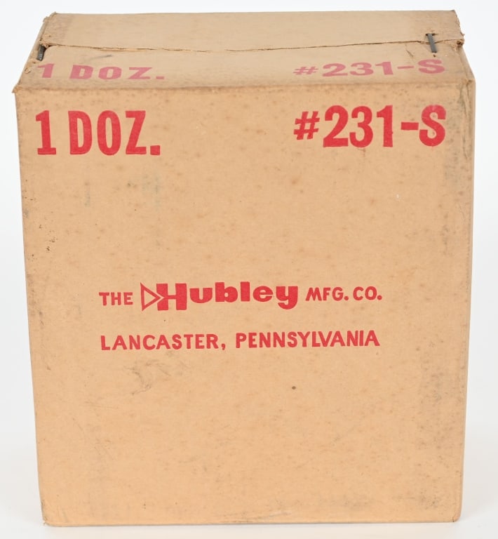 12- HUBLEY 231-S COWPOKE CAP GUNS SEALED BOX: Original case of 12 Hubley Cowpoke 50 shot cap pistols, sealed in the original factory box. The box measures about 10" by 9" by 5" Near Mint