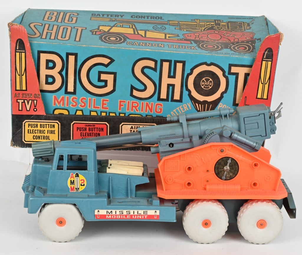 MARX BIG SHOT MISSILE FIRING CANNON w/BOX: Large Marx Big Shot Missile Firing Cannon. Includes 3 missiles. Missing antenna. Battery box has corrosion, untested. 24" Excellent
