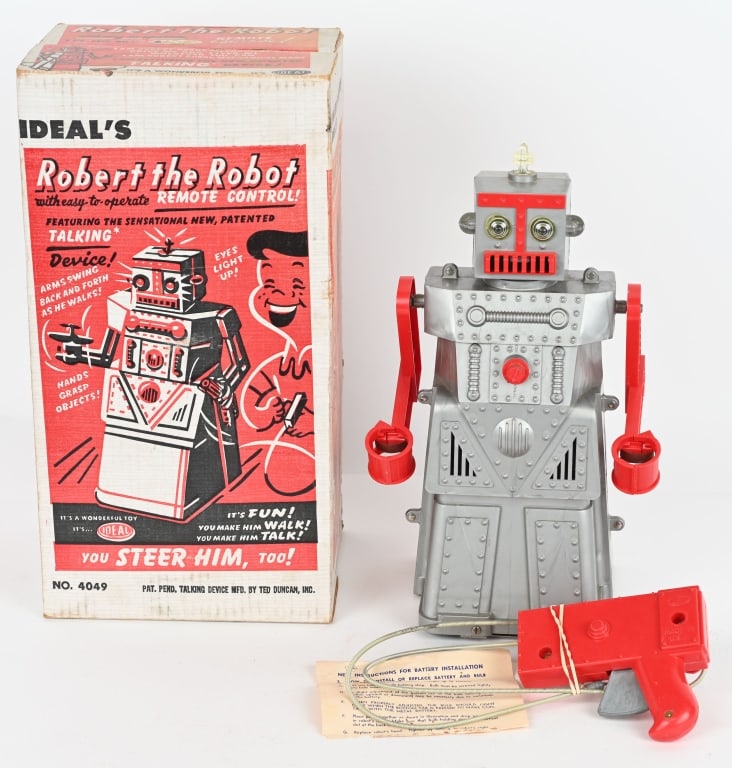 IDEAL ROBERT THE ROBOT w/ BOX: Complete and original with a nice original box. The light works and he moves with the cable drive. The voice does not work. 16" Excellent