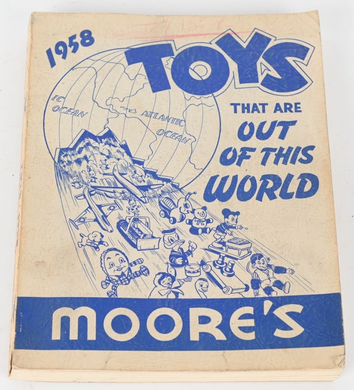 1958 MOORES TOY STORE CATALOG: Large original toy catalog with Tin Toys, Trucks, Trains, Dolls and more. Section E is toy cars and trucks. Makers represented are Tootsietoy, Marx, Various Japanese Makers, Tonka, Buddy L, Nylint, St