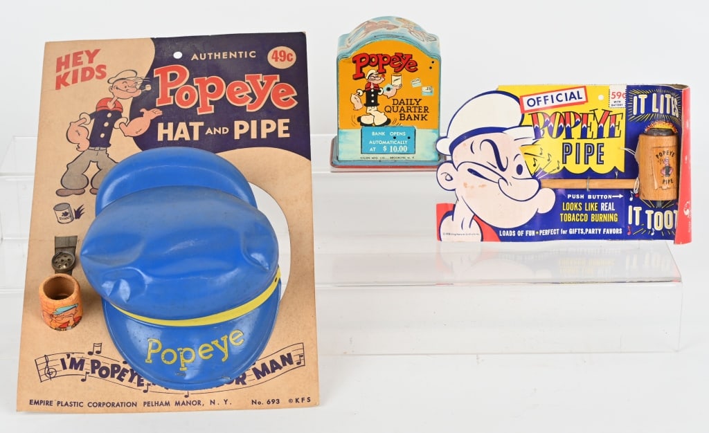 VINTAGE POPEYE LOT, BANK & MORE: Lot includes 1. Popeye tin Quarter bank, 2. Popeye Hat and Pipe on card, 3. 1958 Popeye Pipe on card. Largest is 14", Excellent