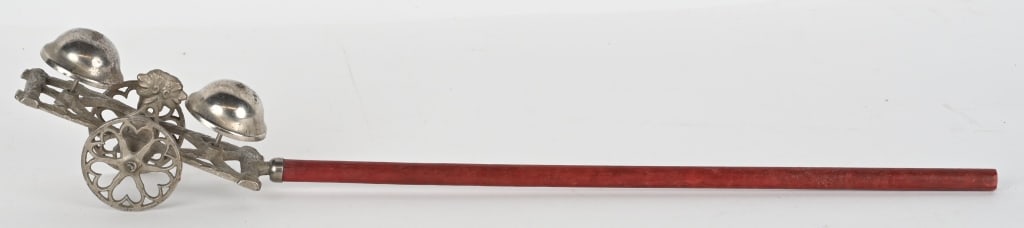 EARLY CAST IRON TWO FACE BELL TOY, HEART WHEELS: Very nice all original bell toy. Has great nickel plating and the original wood handle. Worked well when tested. 22" Excellent