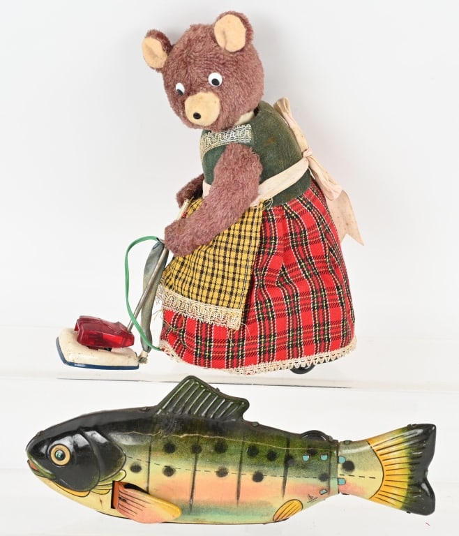 JAPAN HADSON TIN TROUT & SWEEPING BEAR: Lot includes 1. 9" Hadson Friction Trout, excellent working, 2. 9" Battery Op Sweeping Bear, very good, not working.