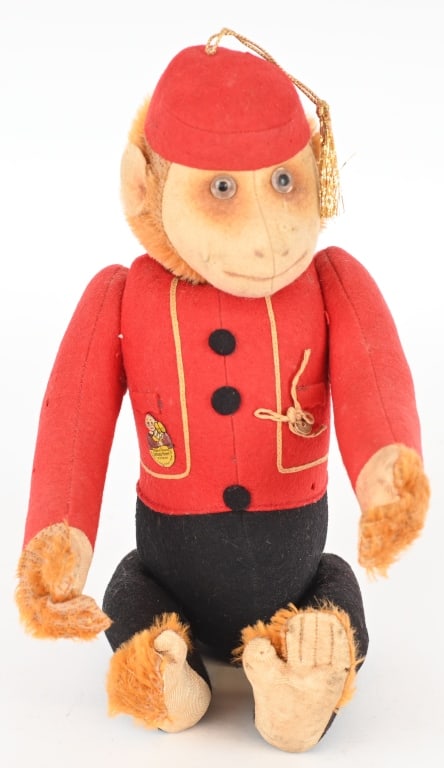 SCHUCO BELLHOP YES NO MONKEY, w/ TIN SCHUCO TAG: Nice original condition, works properly. Has early Schuco tin tag. bright colors with minor mothing. 13" Excellent