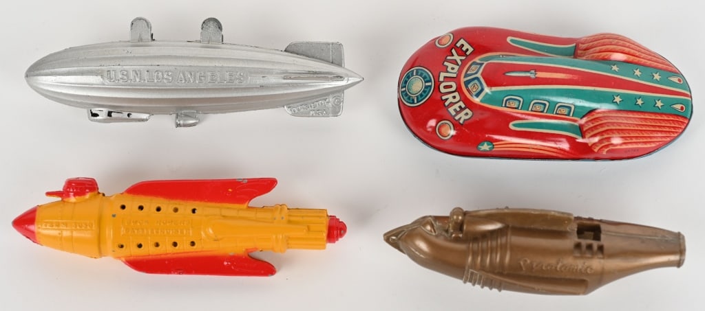 LOT OF SPACE TOYS: Includes Tootsietoy Buck Rogers Battlecruiser and Zeppelin. Plus tin friction Explorer Car and plastic Ptrotomic Whistle. Excellent