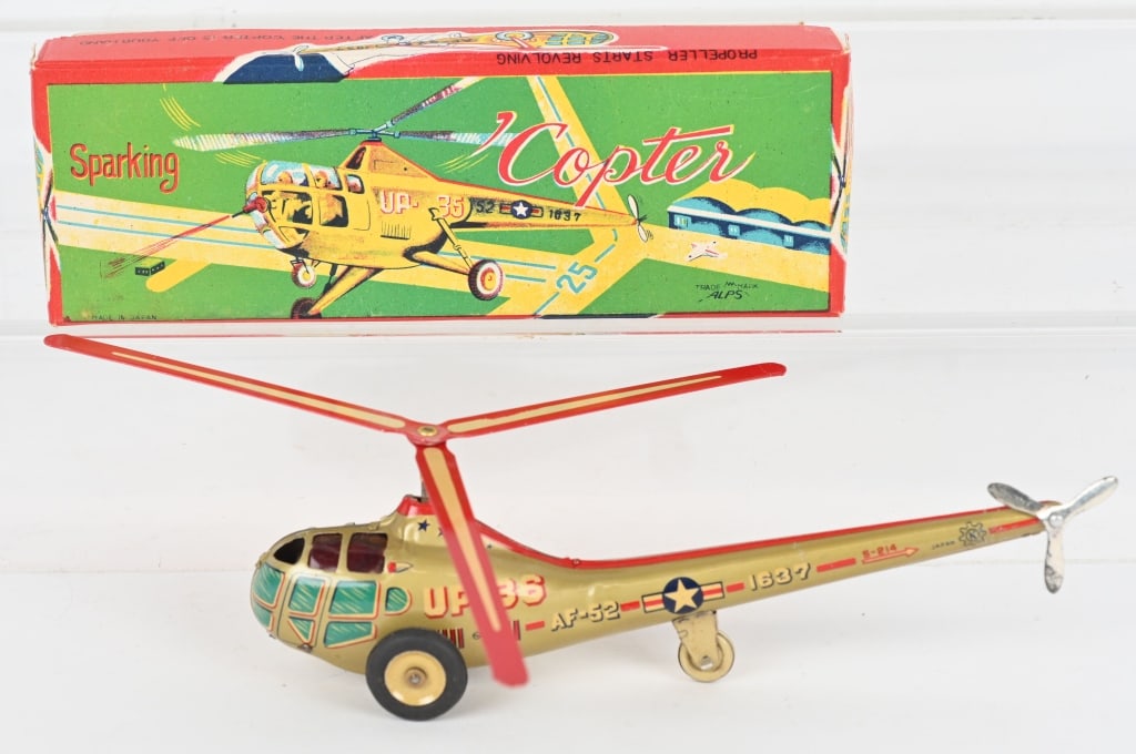 JAPAN TIN FRICTION HELICOPTER w/ BOX: All original and never played with. Works. Boxed 8" Excellent