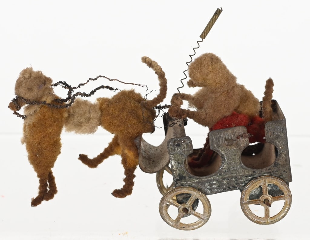 PENNY TOY DOG PULLING DOG IN WAGON: Very early all original. 4" very Good-Excellent