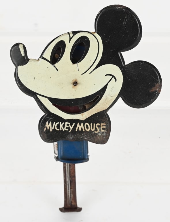 NIFTY TIN MICKEY MOUSE SPARKLER: Nice early Mickey Mouse toy. All original with a little wear on bottom edge. Action works. 5" very Good-Excellent