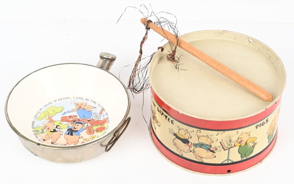 THREE LITTLE PIGS DRUM & HOT PLATE: Both all original with nice graphics.