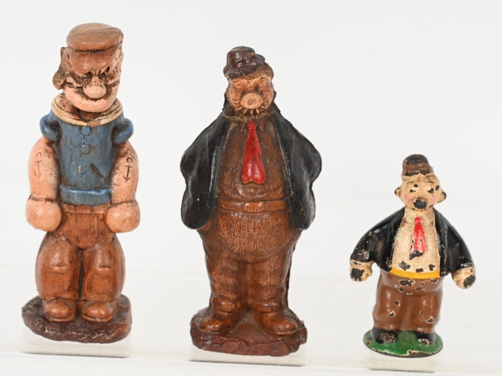 POPEYE FIGURES: Includes Sirocco Popeye and Wimpy. Plus cast iron Hubley Wimpy. All original. Largest 5" Excellent