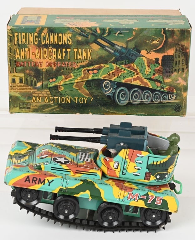 JAPAN BATTERY OP ANTI-AIRCRAFT TANK w/ BOX: All original in great condition. Did not work when tested. Boxed 10" Excellent