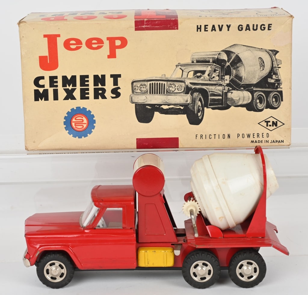 JAPAN TIN FRICTION JEEP CEMENT MIXER w/ BOX: All original in great condition. Friction works. Boxed 11" Excellent