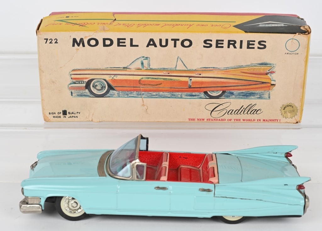 JAPAN TIN FRICTION CADILLAC CONVERTIBLE w/ BOX: All original and looks never played with condition. Friction works. Boxed 11" Excellent