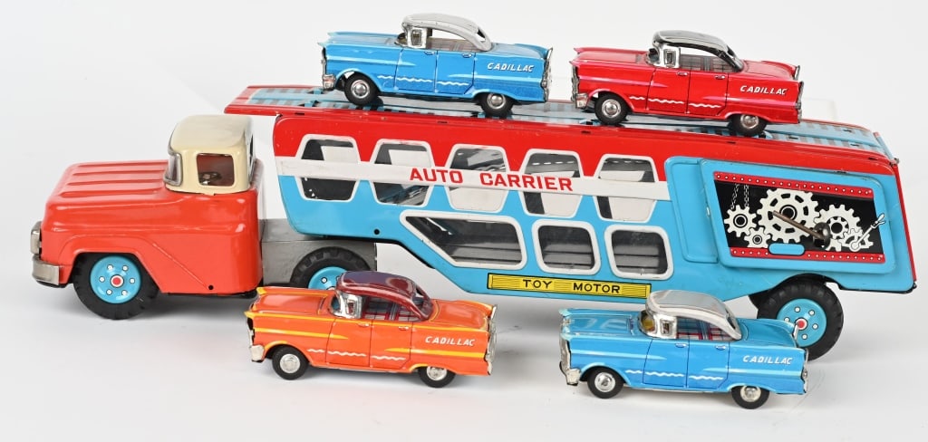 JAPAN TIN FRICTION AUTO CARRIER w/ CARS (1 of 7)