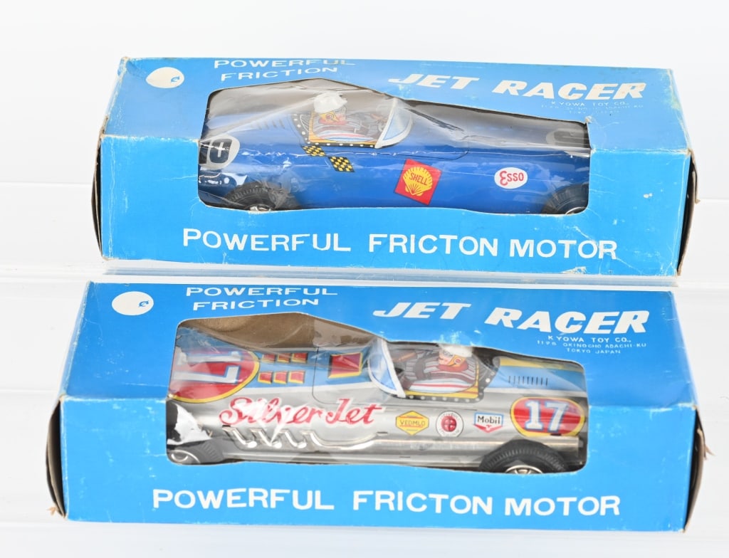2- JAPAN TIN FRICTION RACE CARS w/ BOXES: Both all original never played with. friction works. Boxed 10" Excellent