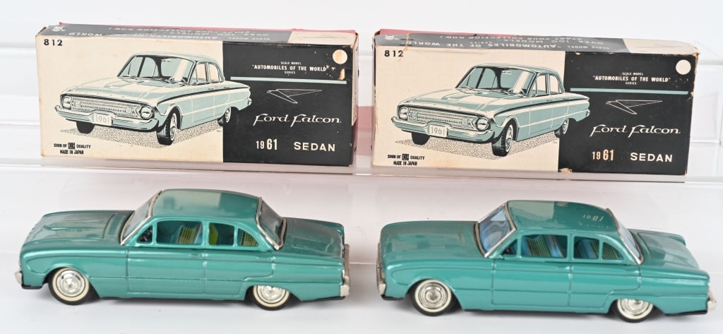 2- BANDAI TIN FRICTION FORD FALCONS w/ BOX: Both all original in great shape. Friction works. Boxed 8 1/2" Excellent