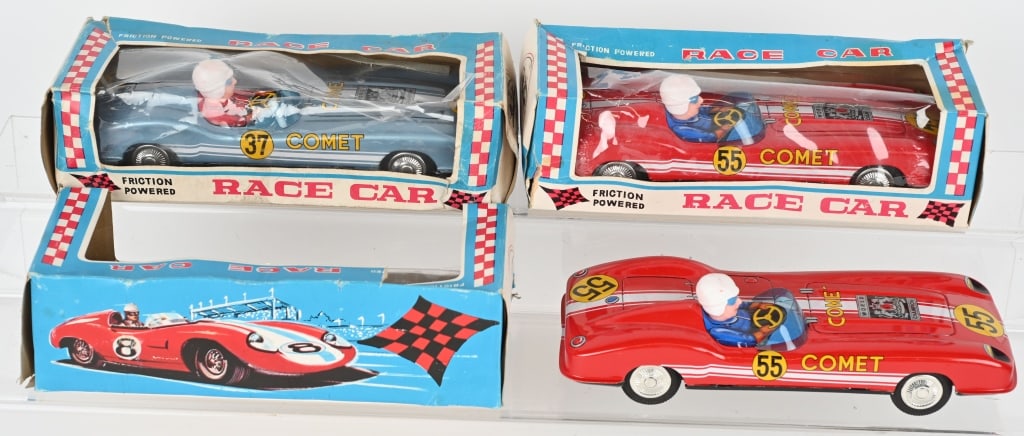 3- JAPAN TIN FRICTION COMET RACE CARS w/ BOX: All original never played with condition. frictions work. Boxed 9 1/2" Excellent
