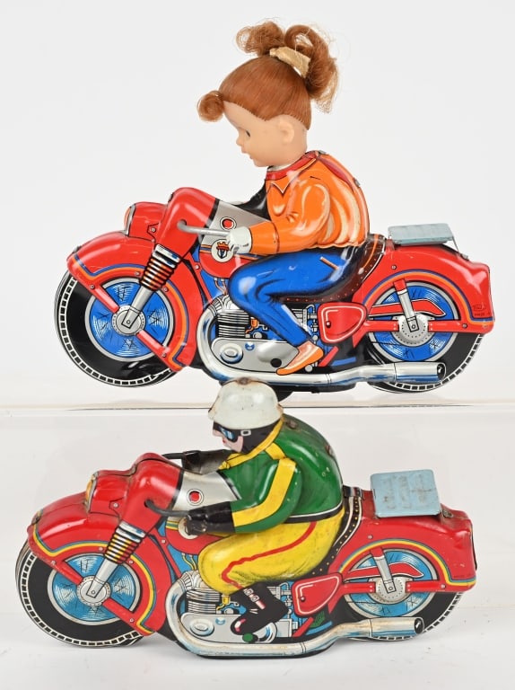 2- JAPAN TIN FRICTION MOTORCYCLES: Includes Civilian Rider and Vinyle Head Girl Motorcycles. Both all original and work. 8" Excellent