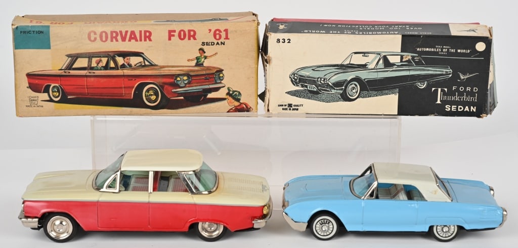 JAPAN TIN FRICTION THUINDERBIRD & CORVAIR w/ BOX: Both all original in great condition. Frictions work. Boxed. Largest 9 1/2" Excellent