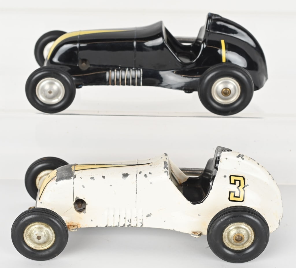 2- THIMBLE DROME DIECAST WINDUP RACE CARS: Lot includes: 1. 8" White No. 3, has play wear and is not working. 2. 8" Black No. 1, working, Excellent-Near Mint