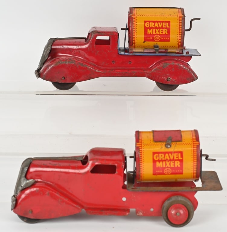 2- MARX PRESSED STEEL GRAVEL MIXER TRUCKS: Lot of 2 Marx pressed steel and tin Gravel Mixer trucks. Both are complete and original. Largest is 10" Very Good-Excellent
