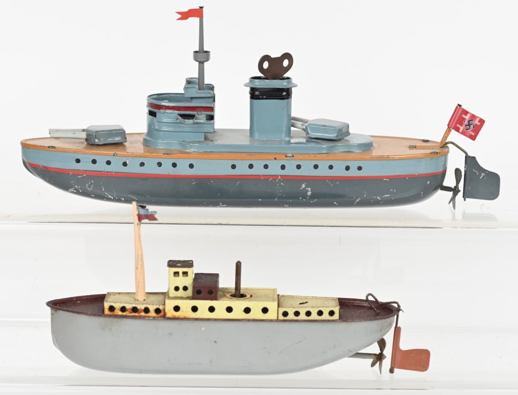 2- GEERMAN TIN WINDUP SHIPS: Lot includes: 1. 11" Gun Boat, windup working, Excellent, 2. 7" ship, not complete not working.