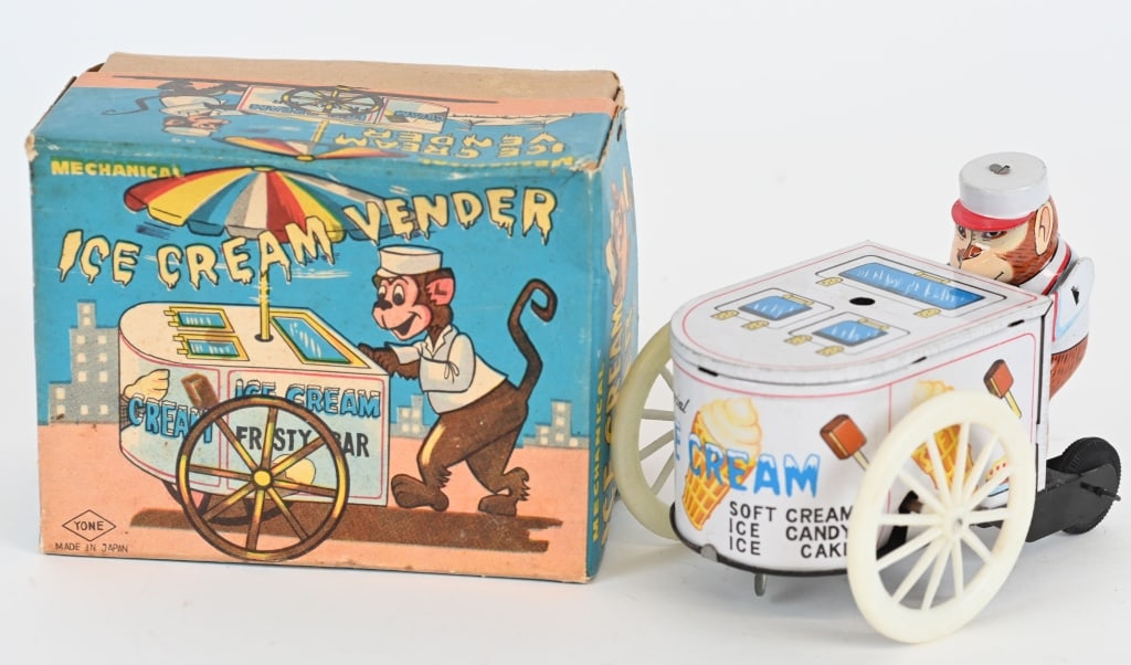 JAPAN TIN WINDUP MONKEY ICE CREAM VENDOR w/ BOX (1 of 7)