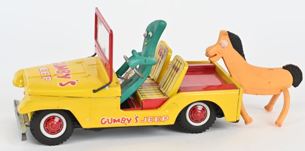 LAKESIDE TOYS GUMBY & POKEYS JEEP: Tin toy jeep includes rubber Gumby and Pokey characters. 10" Very Good-Excellent