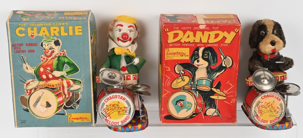 JAPAN BATTERY OP CHARLIE & DANDY DRUMMERS, BOXED: Lot includes : 1. Charlie the Drumming Clown, not working with original box, 2. Dandy the Drumming Dog, not working with original box. 9 1/2" Very Good-Excellent