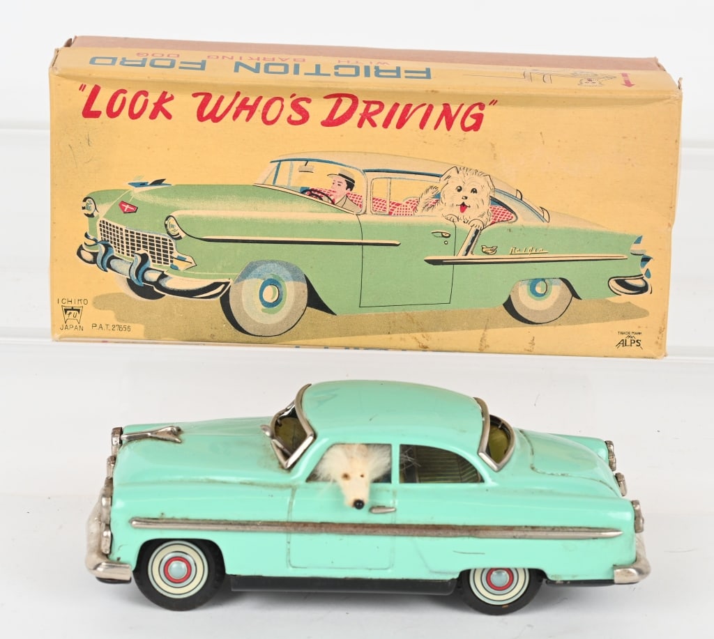 JAPAN TIN FRICTION DOG DRIVING CAR w/ BOX: All original and works. Charming toy car. Works Boxed 9" Excellent