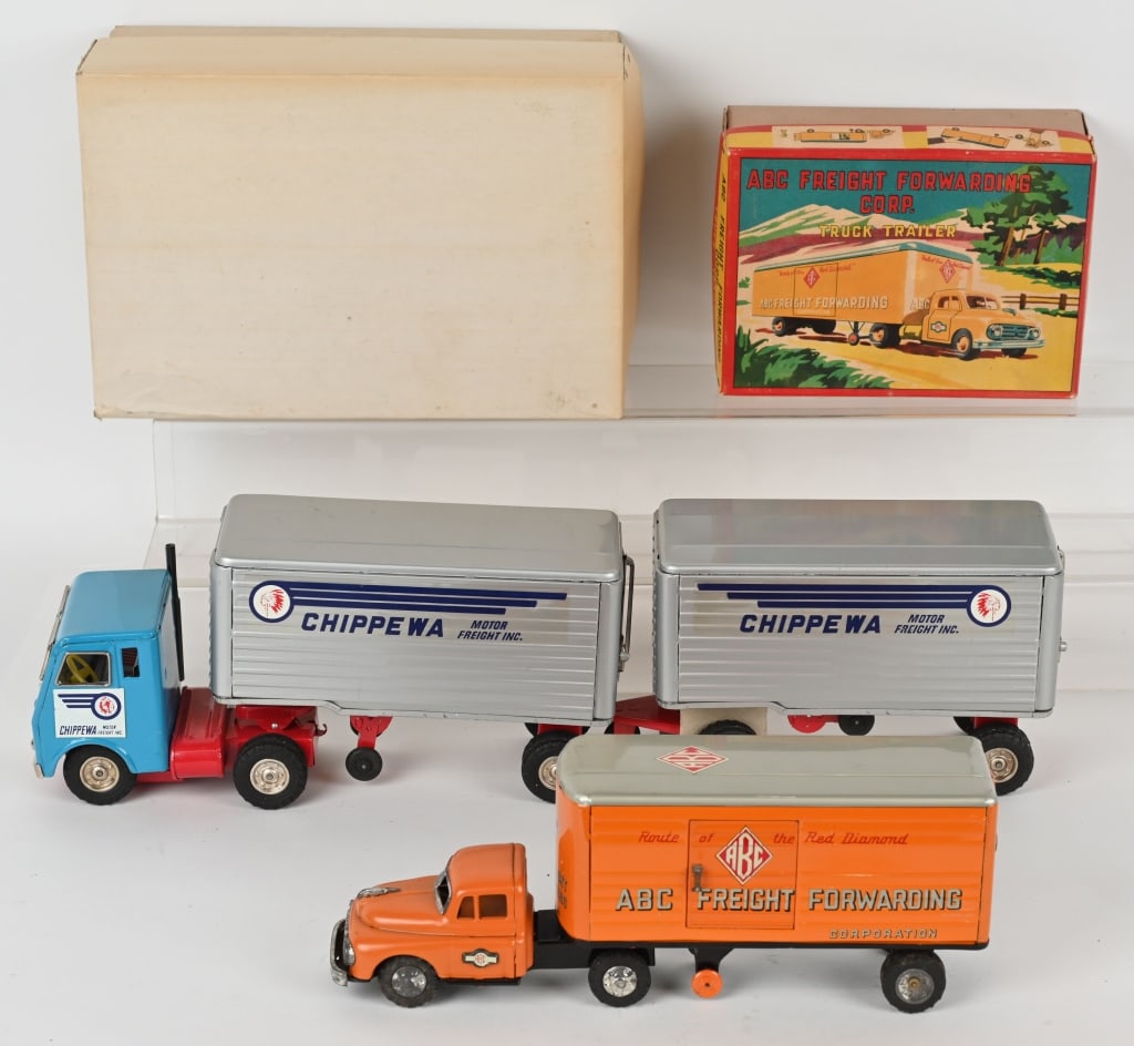 2- JAPAN TIN FRICTION SEMI TRUCK SETS w/ BOX (1 of 12)