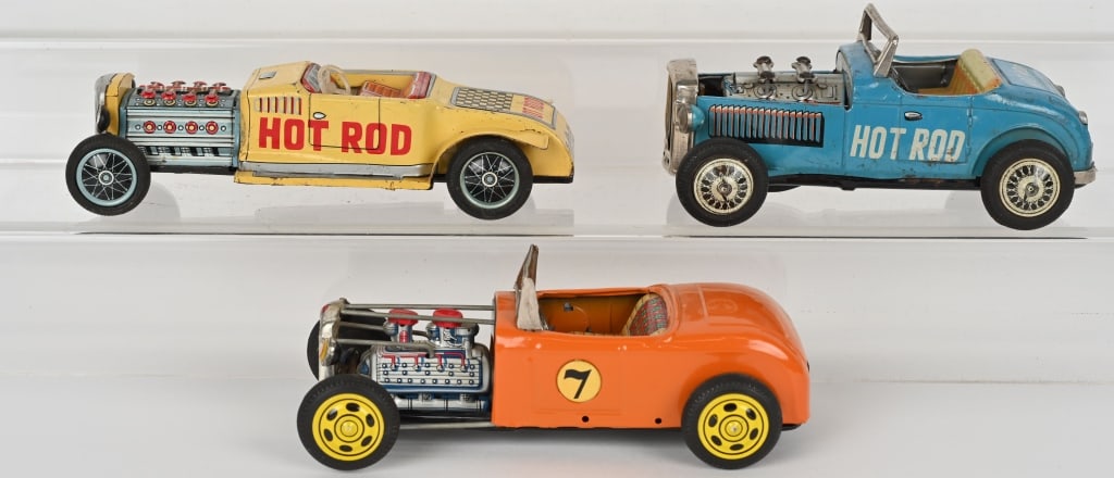 3- JAPAN TIN FRICTION HOT ROD CARS: All original with nice details. Largest 8 1/2" Very Good-Excellent